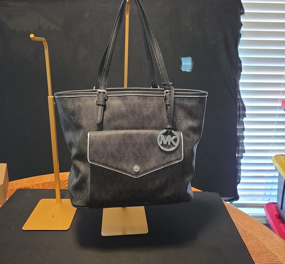 Michael Kors Black Logo Tote with Front Flap and MK Charm
